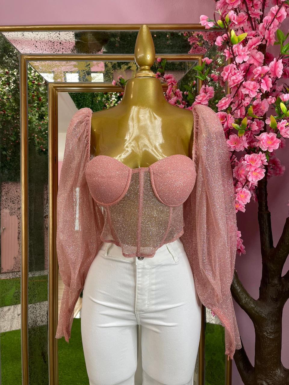 BLUSA TOP CON GLITTER PRINCESA ROSA