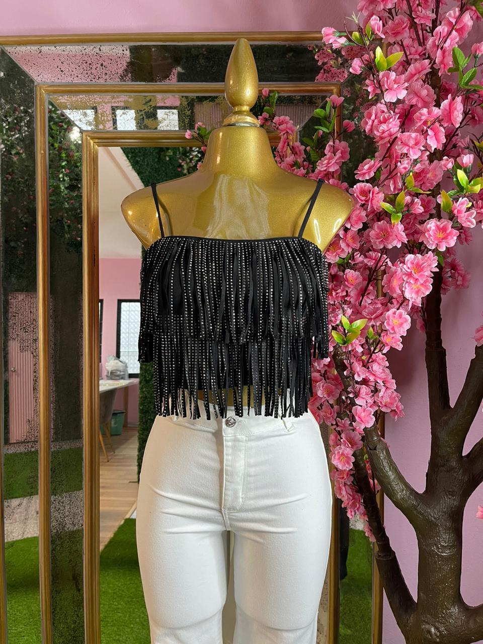 CROP TOP FLECOS BRILLANTES NEGRO