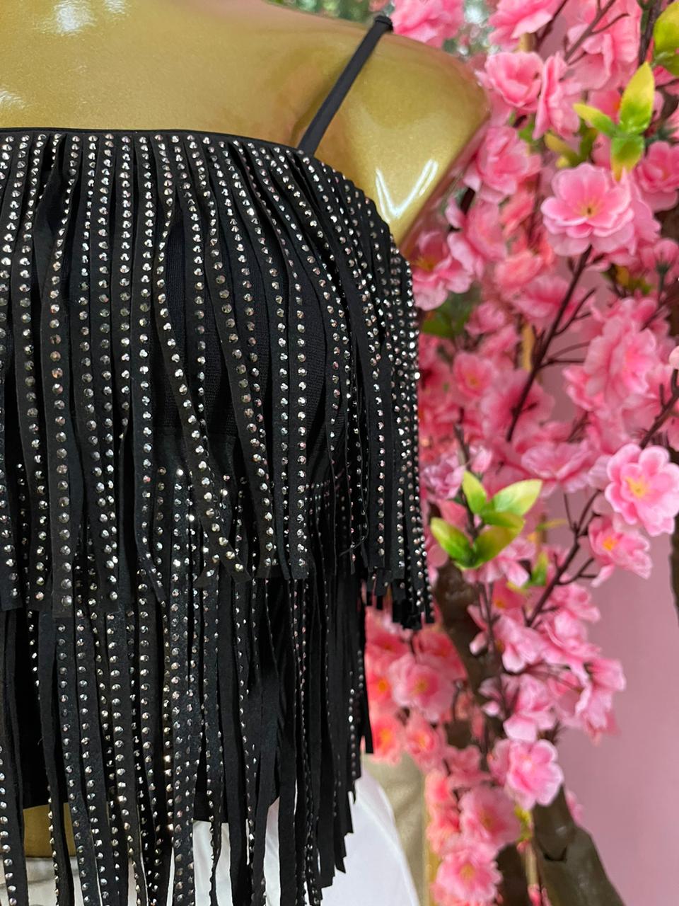 CROP TOP FLECOS BRILLANTES NEGRO