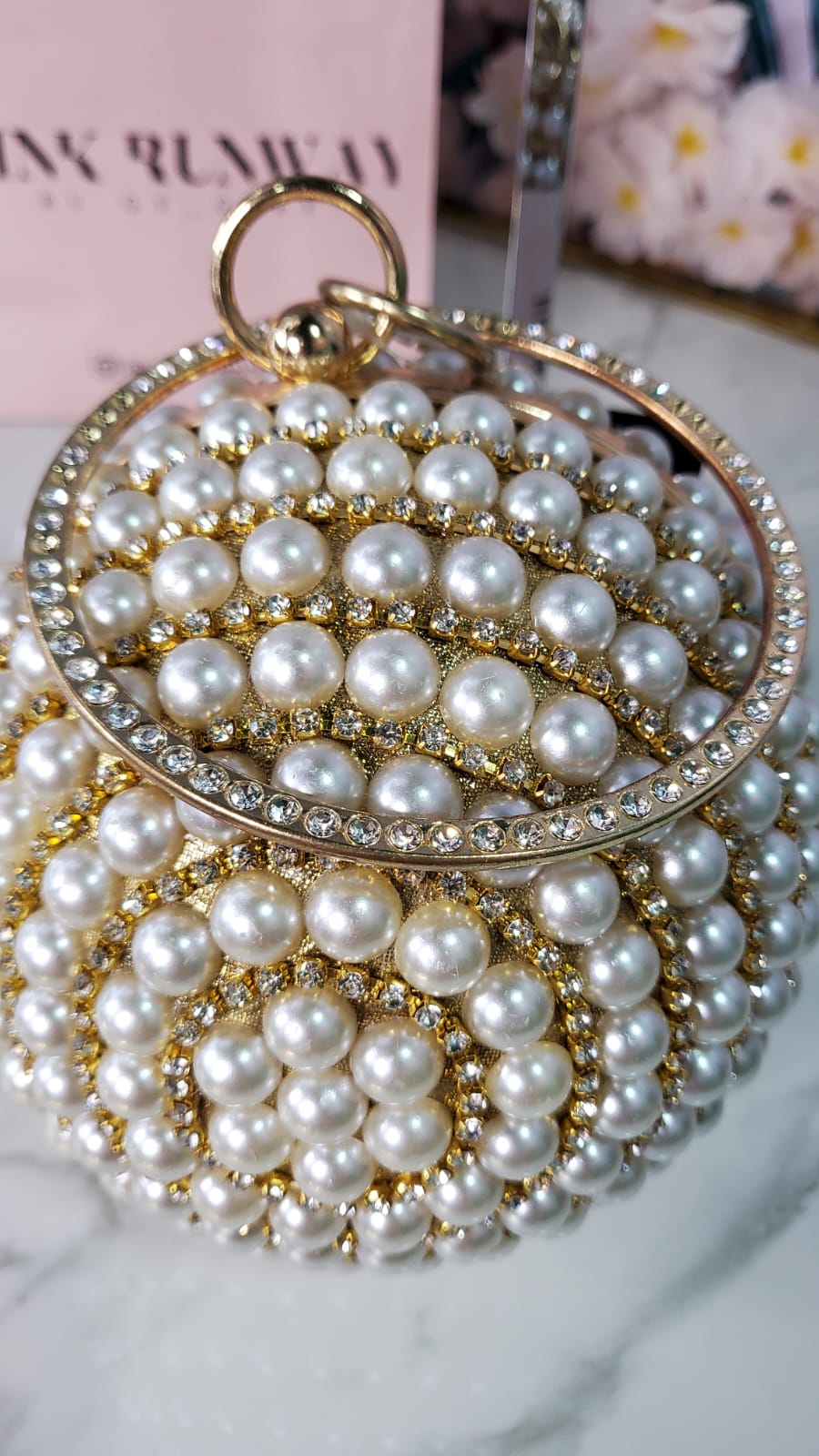 BOLSO ESFERA CON PERLAS Y DIAMANTES