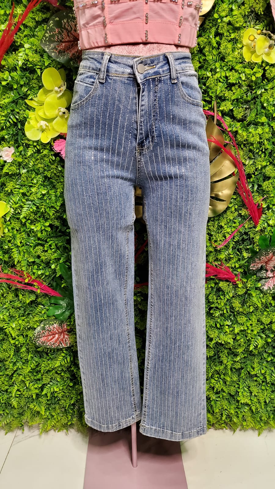 PANTALON RECTO CON BRILLOS LINEALES MEZCLILLA AZUL