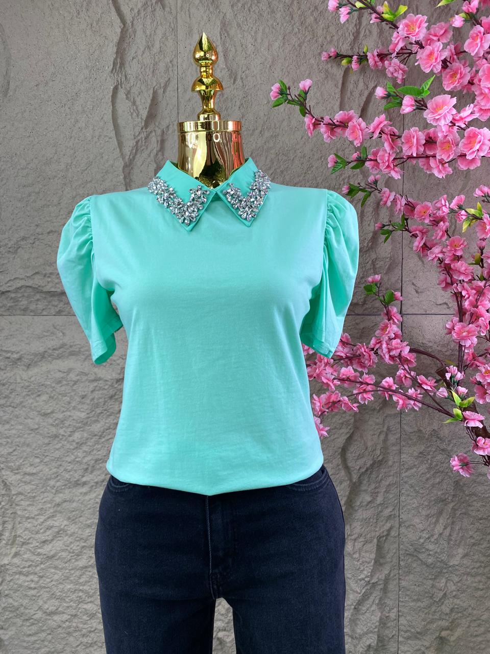 BLUSA MANGA CORTA CON APP EN CUELLO