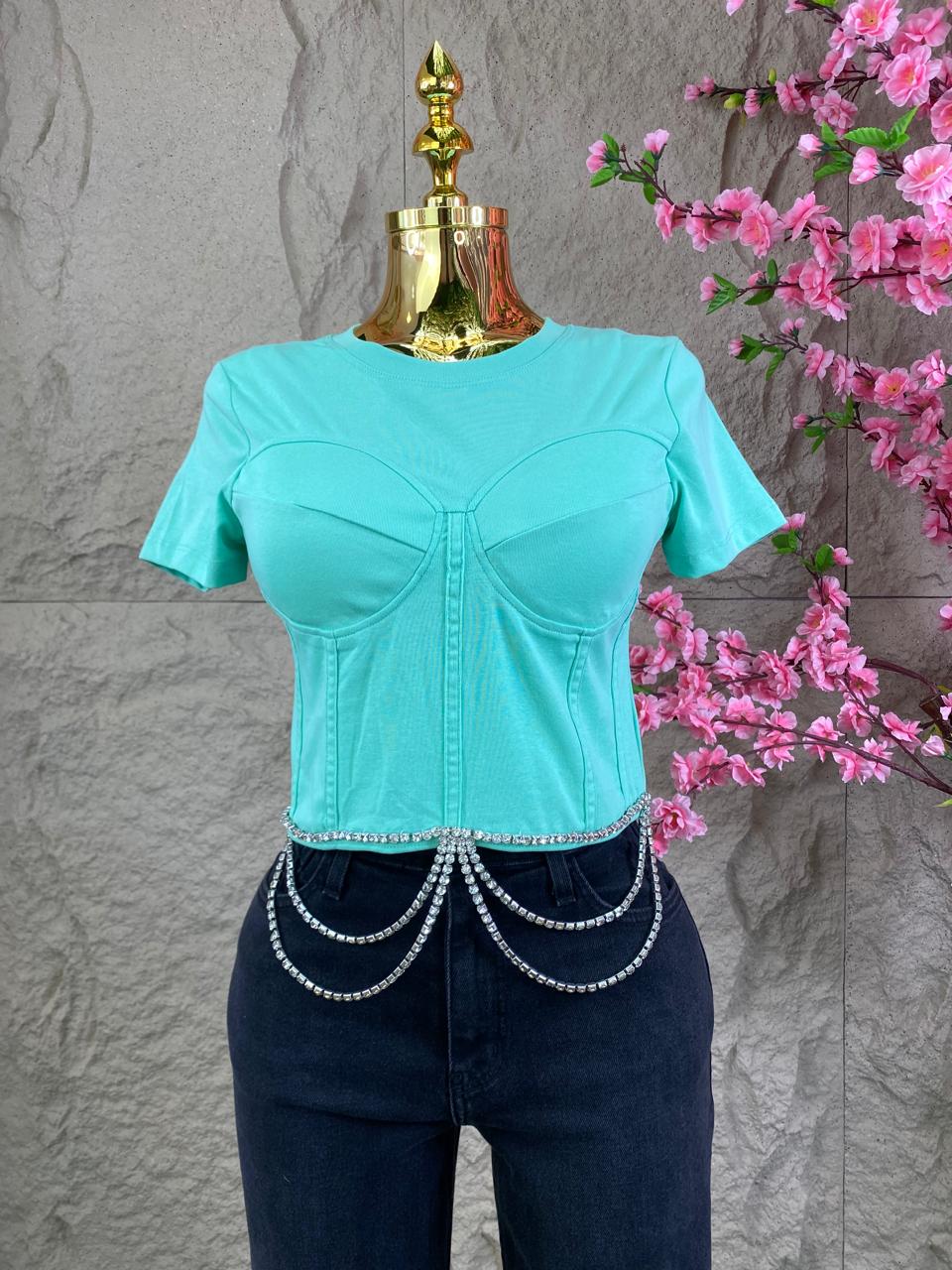 BLUSA MC CON COPAS Y OLAS CON BRILLOS AQUA