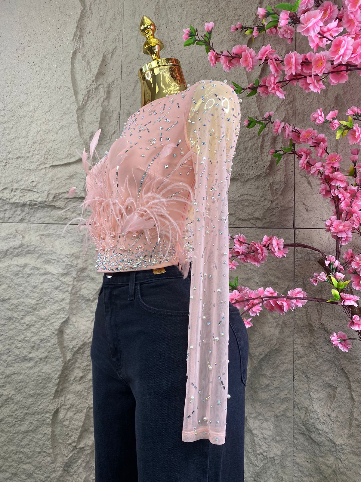 BLUSA TOP CON CRISTALES Y PLUMAS PALO DE ROSA