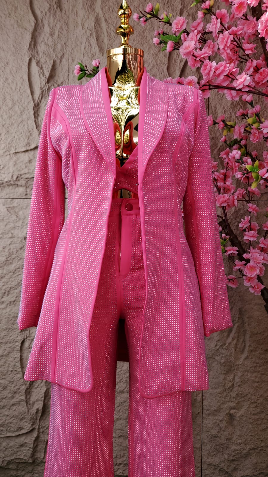 CONJUNTO PANT/TOP/SACO CON BRILLOS ROSA
