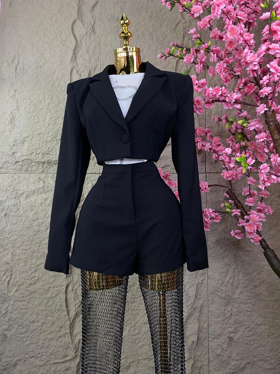 CONJUNTO SACO CORTO/PANT GLITTER NEGRO