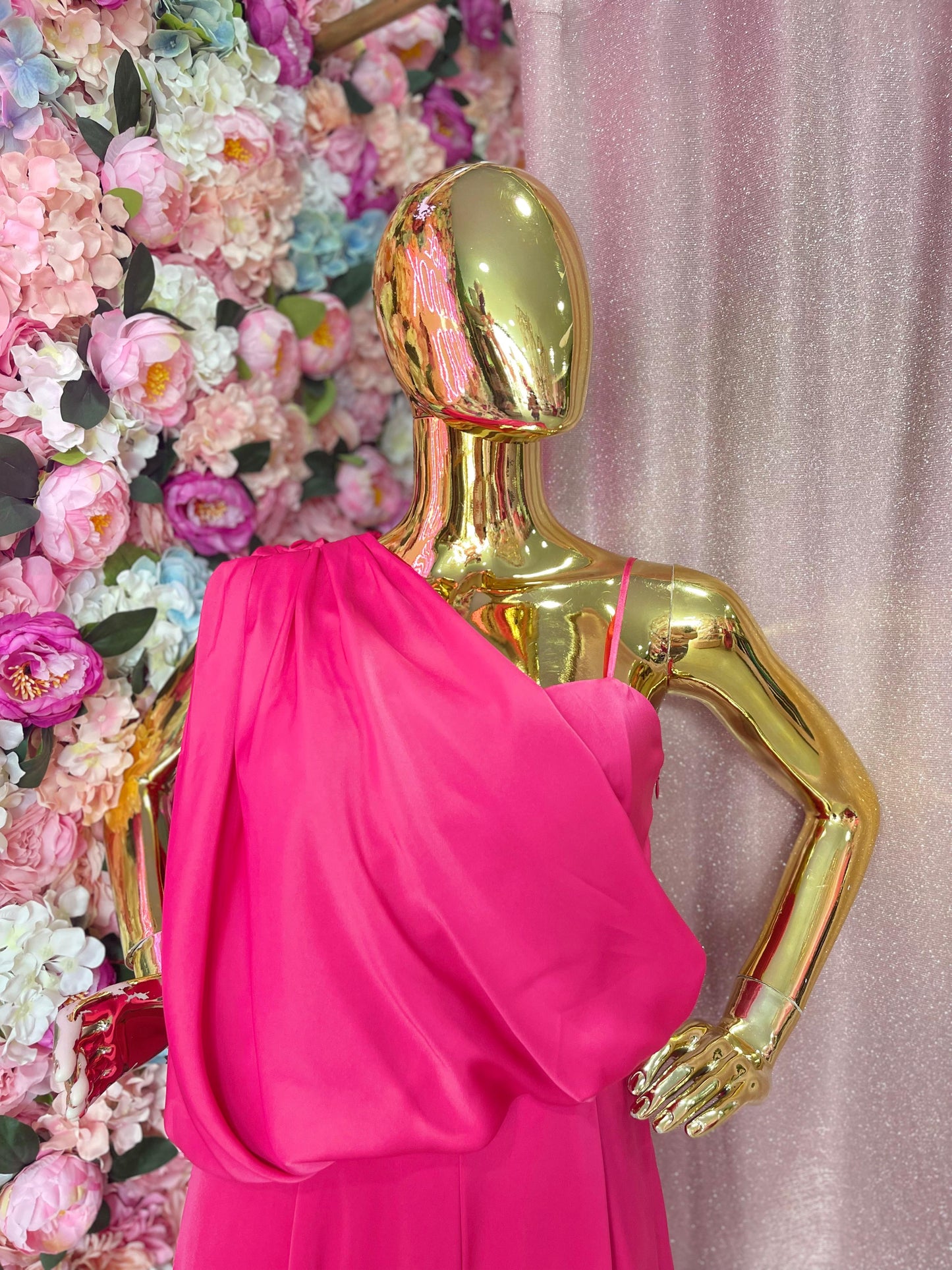 PALAZZO UN HOMBRO FUCSIA