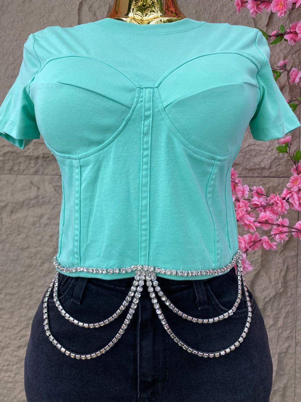 BLUSA MC CON COPAS Y OLAS CON BRILLOS AQUA