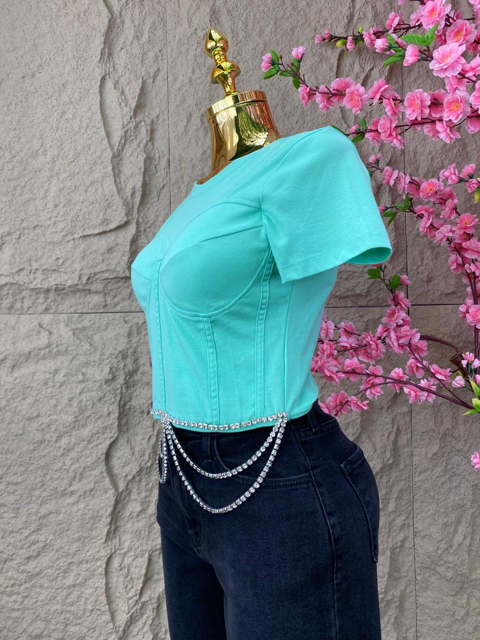 BLUSA MC CON COPAS Y OLAS CON BRILLOS AQUA