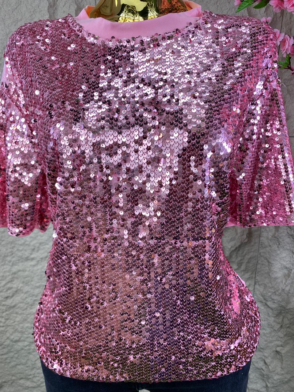 BLUSA MC CON LENTEJUELA ROSA