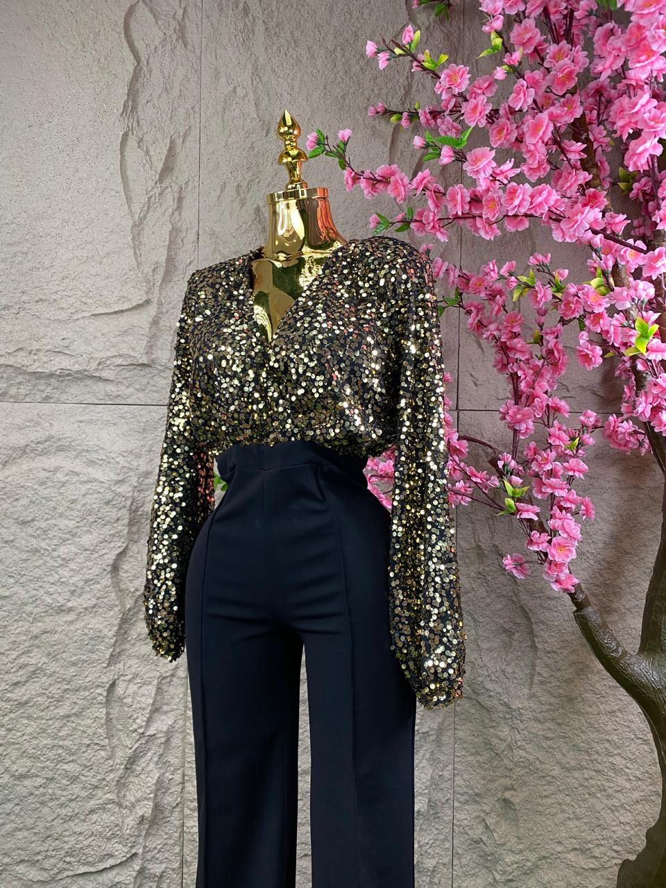 JUMPSUIT LARGO LENTEJUELA DORADA/NEGRO