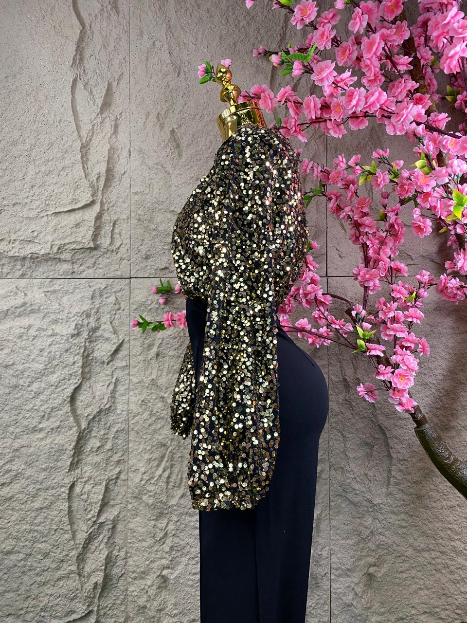 JUMPSUIT LARGO LENTEJUELA DORADA/NEGRO
