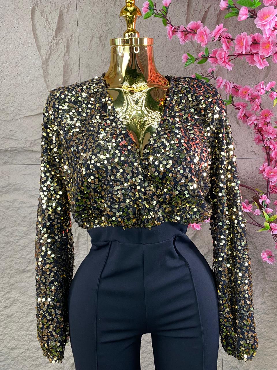 JUMPSUIT LARGO LENTEJUELA DORADA/NEGRO