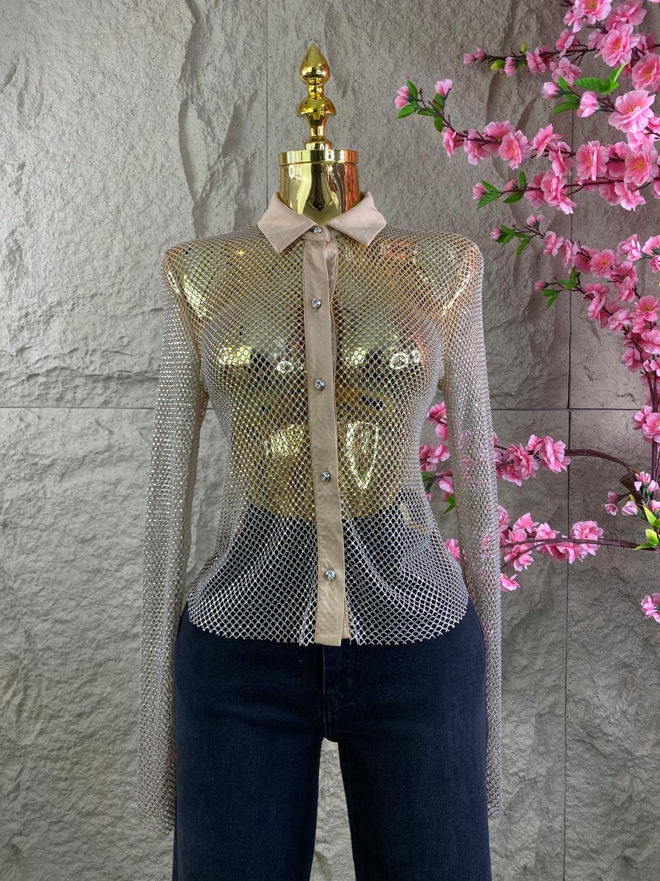 BLUSA ML DE RED Y BRILLOS CON BROCHES