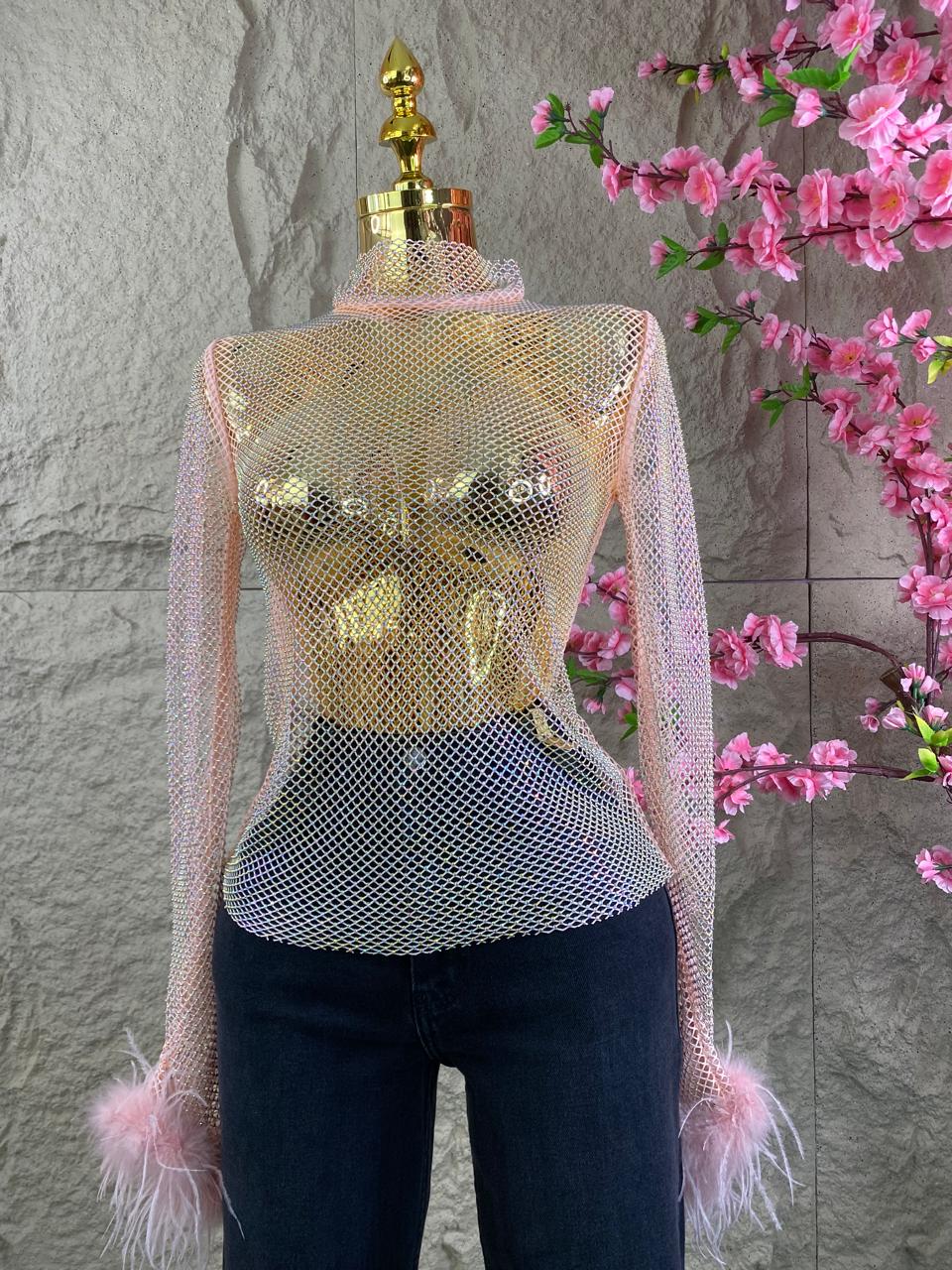 BLUSA ML DE RED CON PLUMAS EN PUÑO