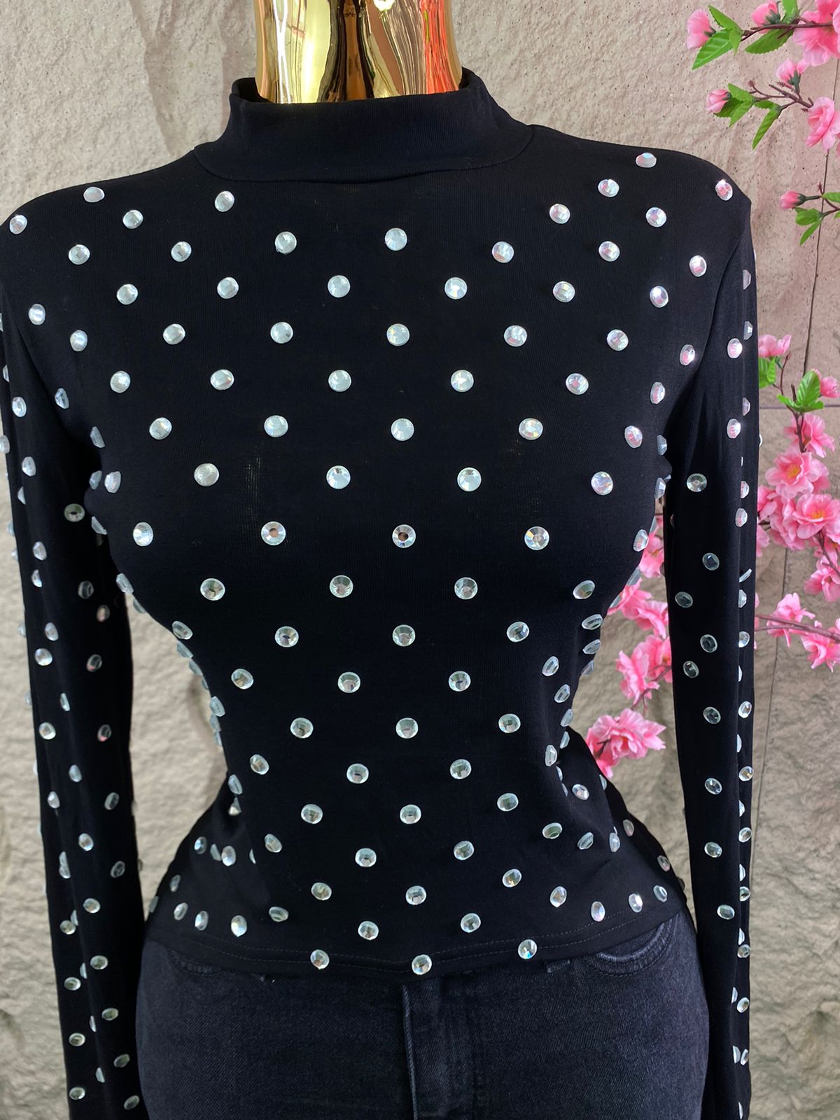 BLUSA ML PIEDRAS BRILLANTES NEGRA