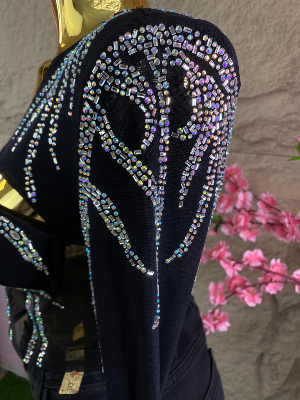 BLUSA TOP NEGRO ML CON TRANSPARENCIAS Y CRISTALES