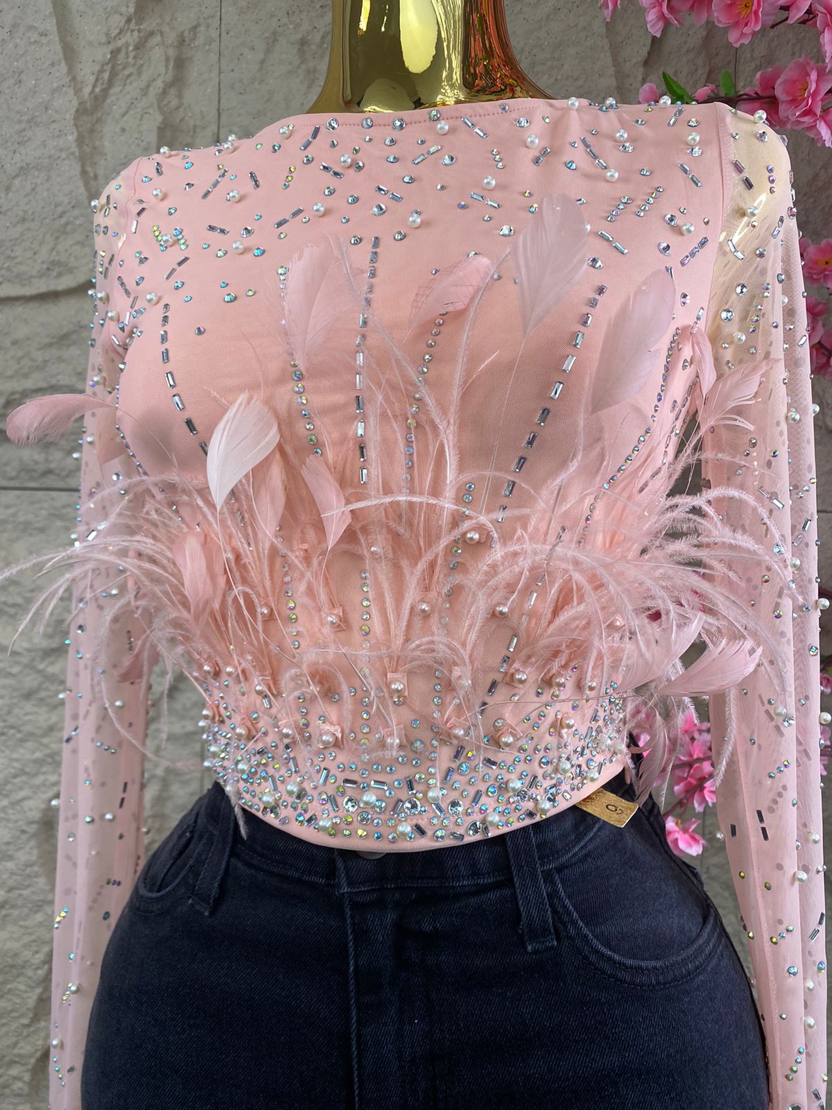 BLUSA TOP CON CRISTALES Y PLUMAS PALO DE ROSA