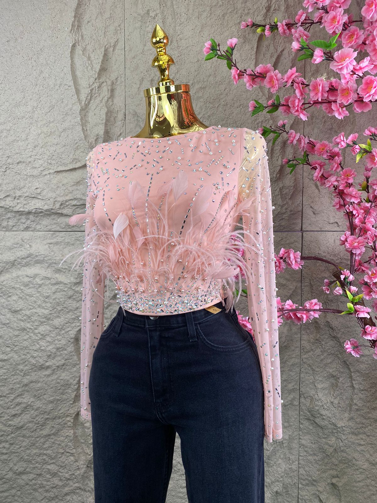 BLUSA TOP CON CRISTALES Y PLUMAS PALO DE ROSA