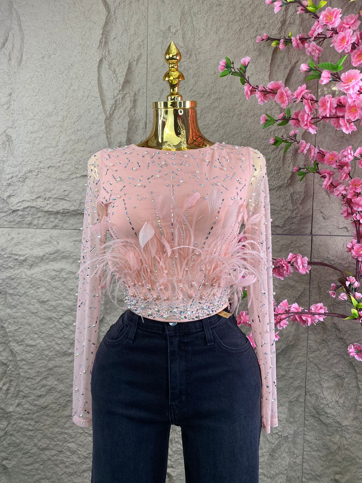 BLUSA TOP CON CRISTALES Y PLUMAS PALO DE ROSA