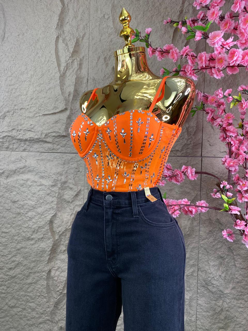 BODY CON CRISTALES Y TRANSPARENCIAS NARANJA