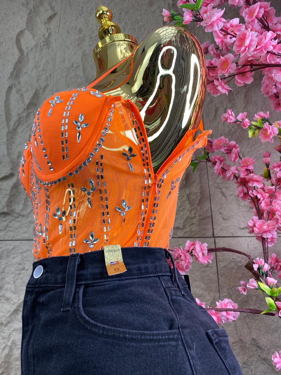 BODY CON CRISTALES Y TRANSPARENCIAS NARANJA