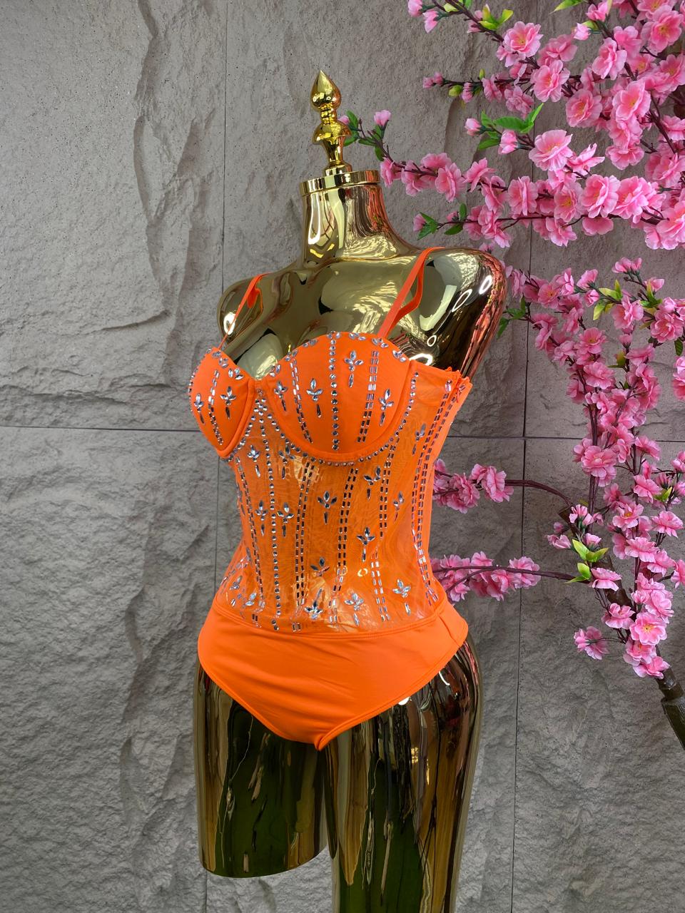 BODY CON CRISTALES Y TRANSPARENCIAS NARANJA