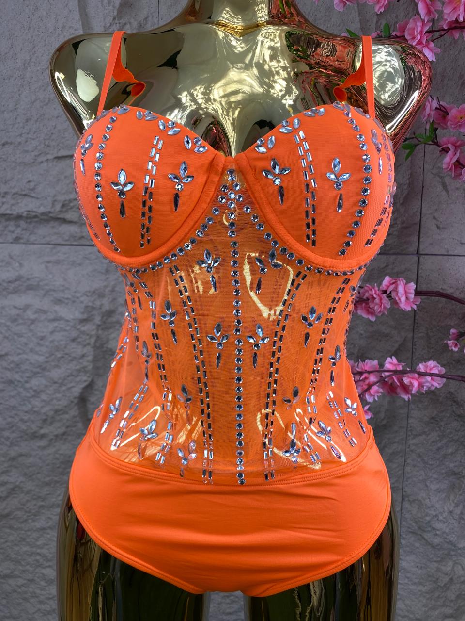 BODY CON CRISTALES Y TRANSPARENCIAS NARANJA