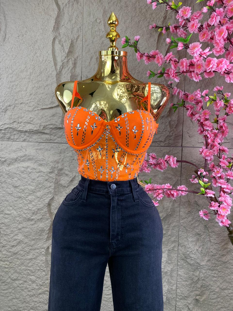 BODY CON CRISTALES Y TRANSPARENCIAS NARANJA