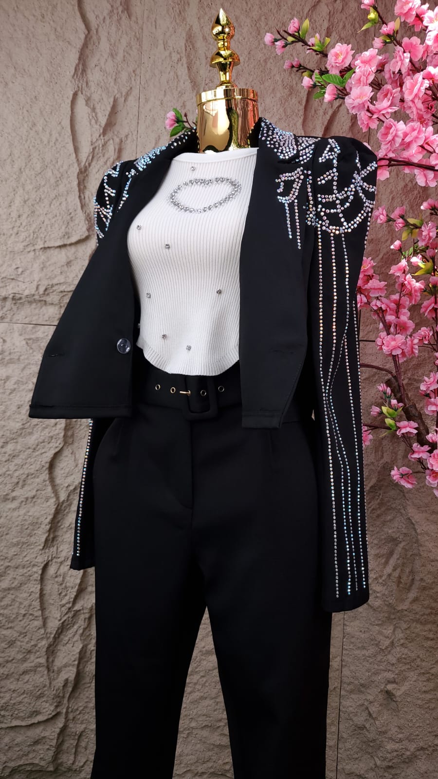 CONJUNTO PANT/SACO CON BRILLOS NEGRO