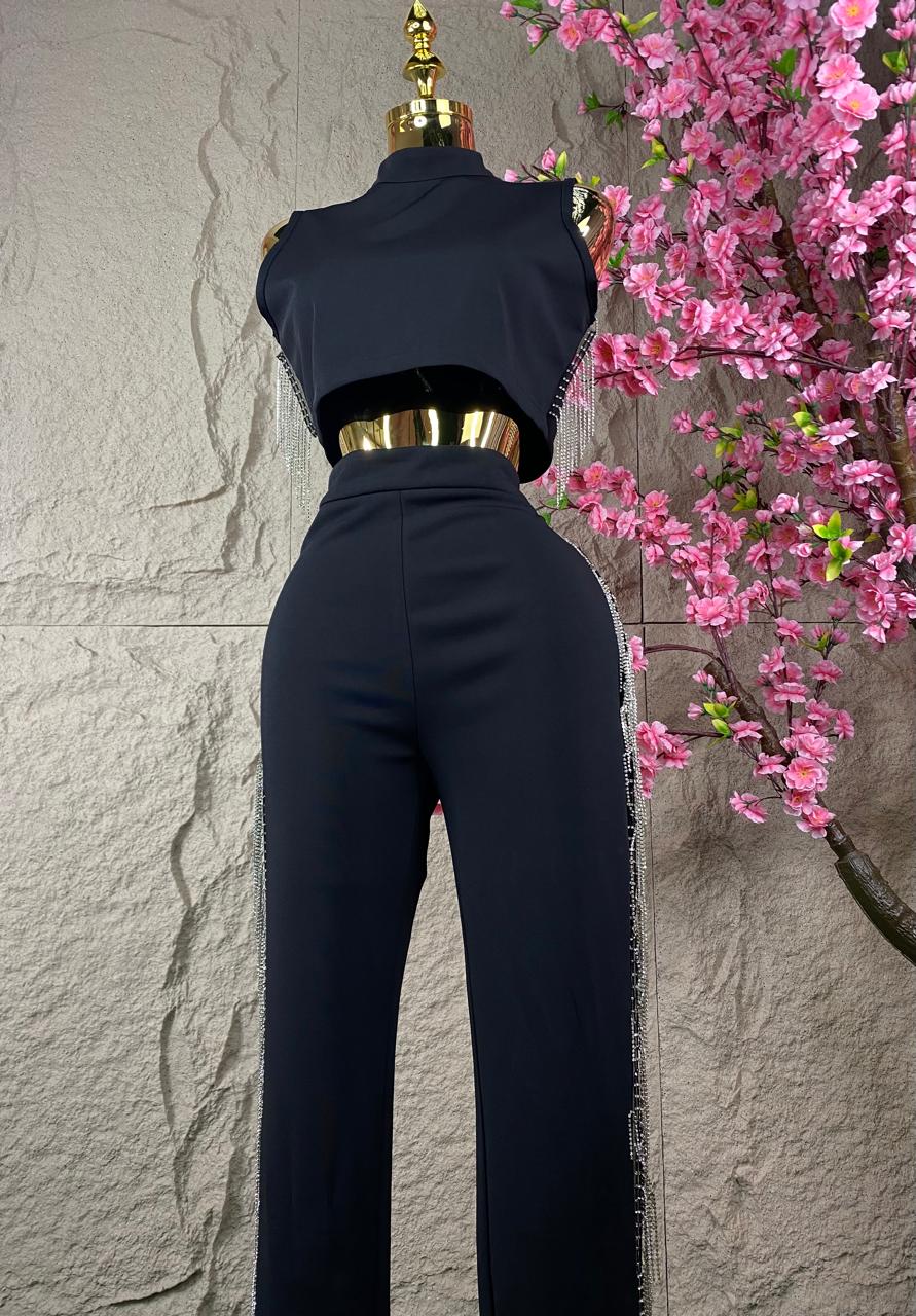 CONJUNTO PANTALON/TOP CON FLECOS BRILLOSOS NEGRO