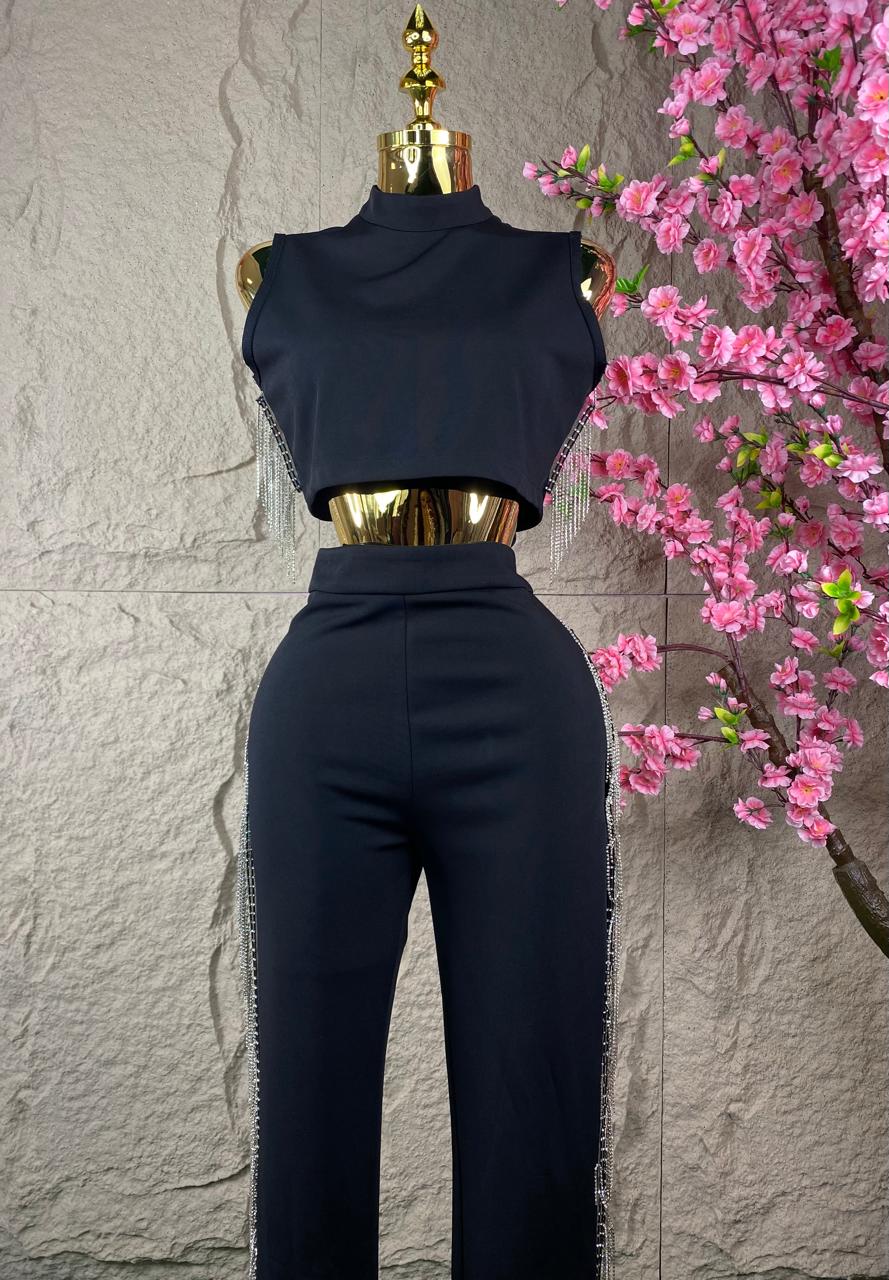 CONJUNTO PANTALON/TOP CON FLECOS BRILLOSOS NEGRO
