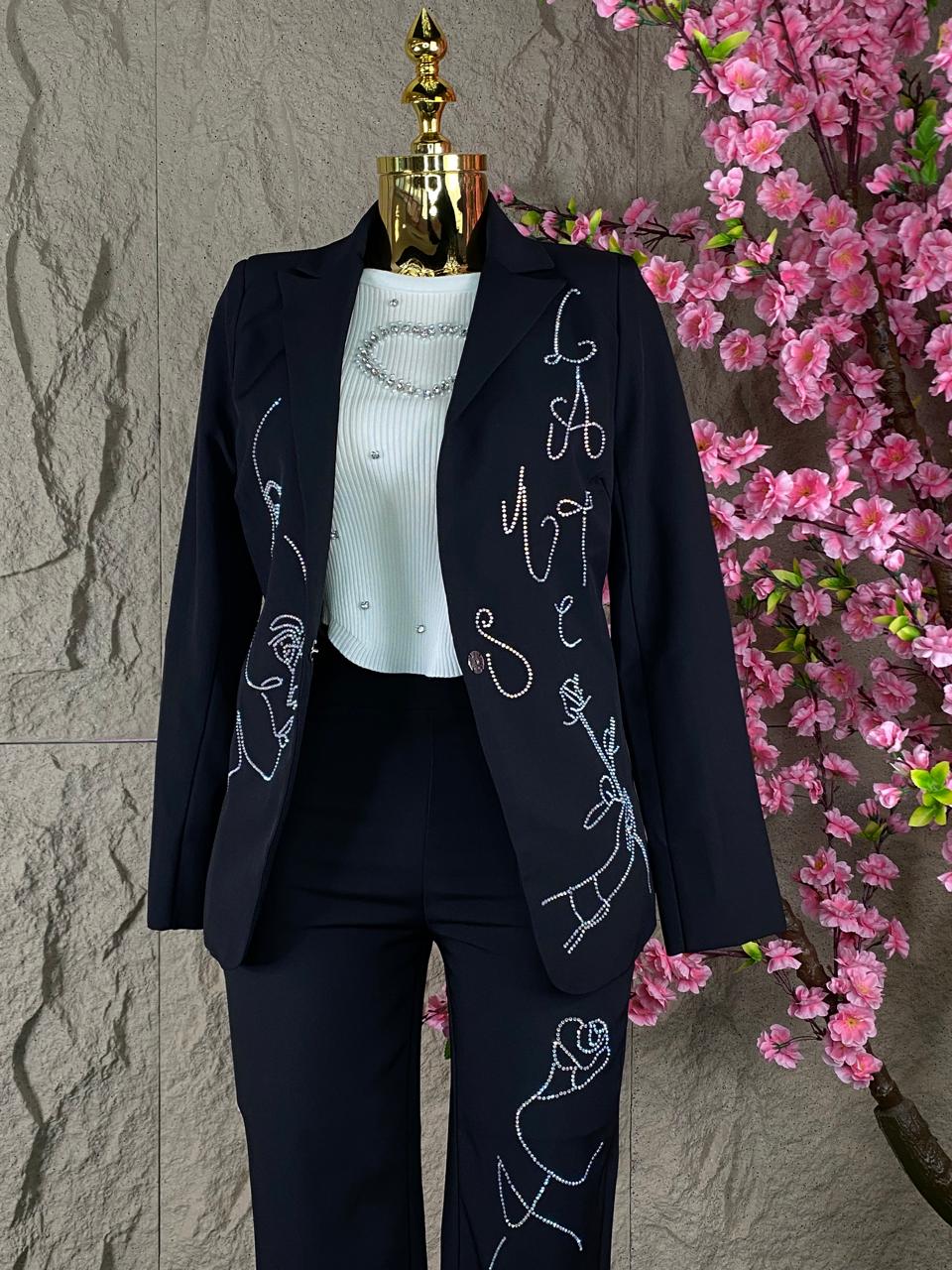 CONJUNTO PANTALON/ SACO ROSTROS BRILLOSOS