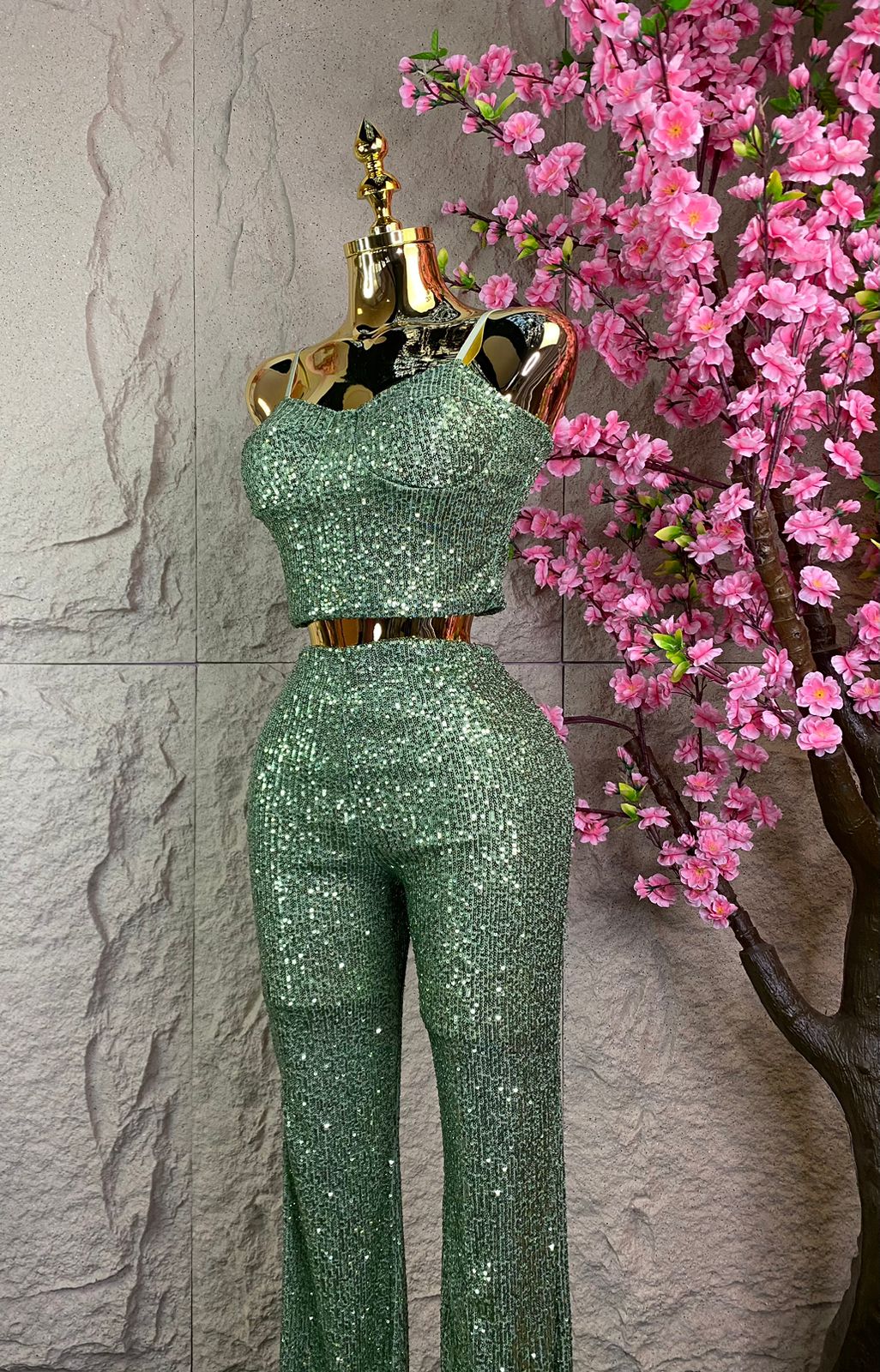 SET DE PANTALON /TOP LENTEJUELA VERDE