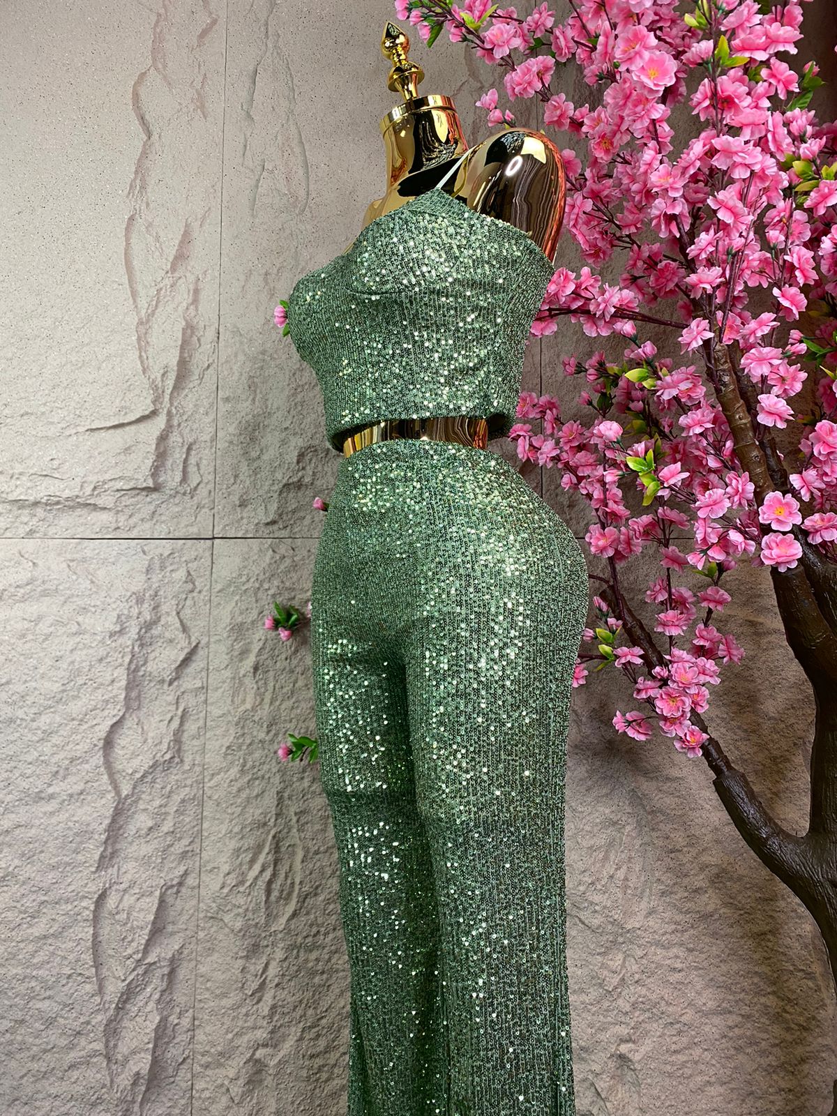 SET DE PANTALON /TOP LENTEJUELA VERDE