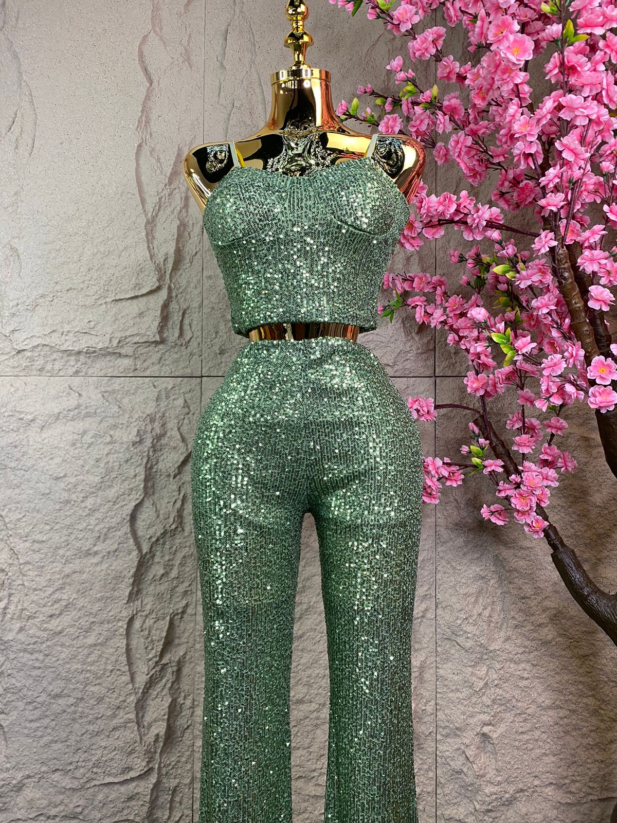 SET DE PANTALON /TOP LENTEJUELA VERDE