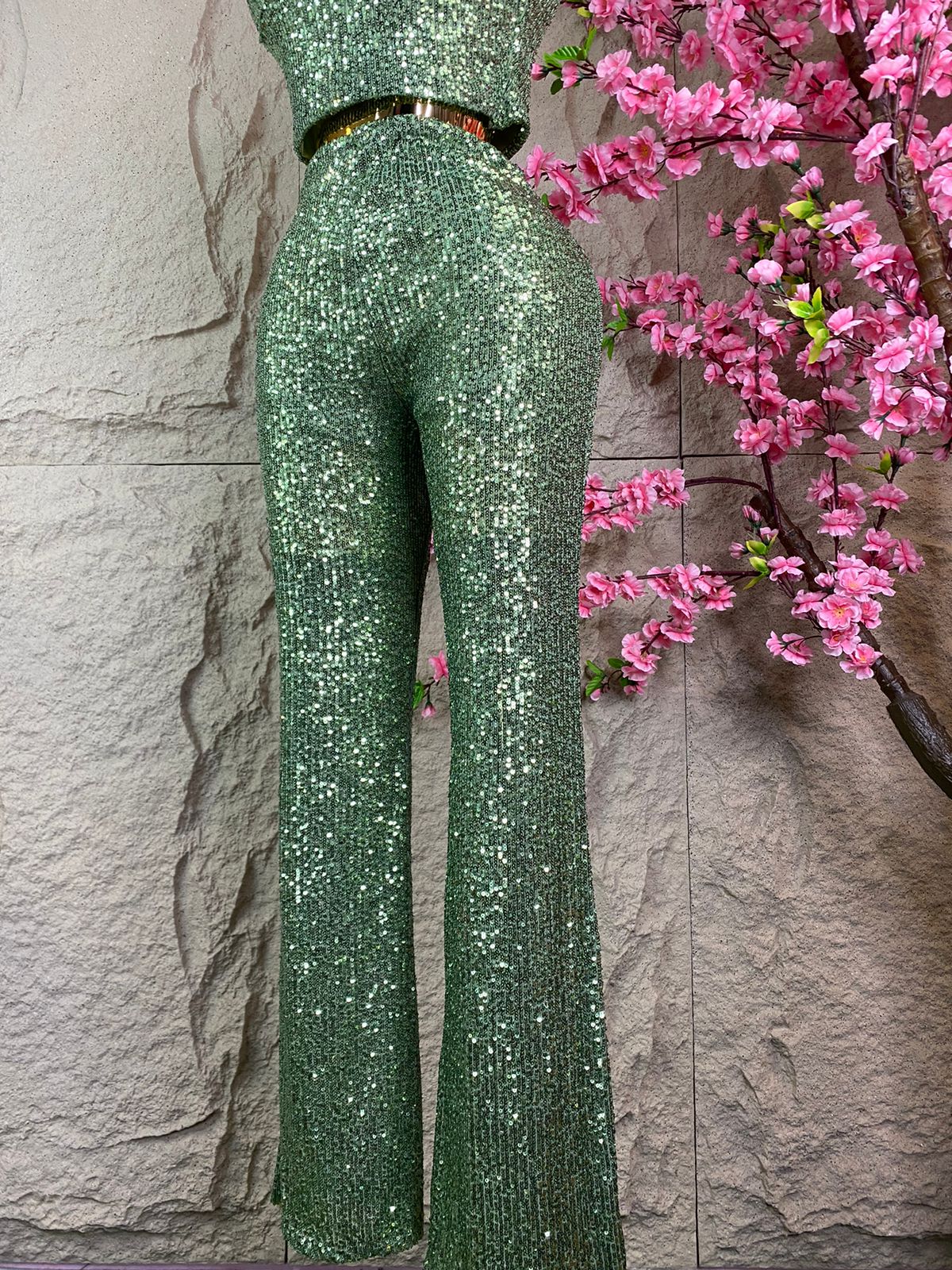 SET DE PANTALON /TOP LENTEJUELA VERDE