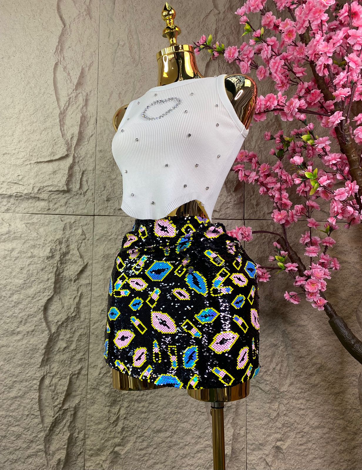 CONJUNTO SACO/FALDA KISSME LENTEJUELA NEGRO