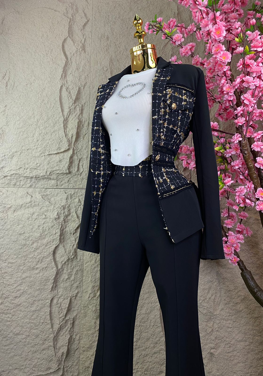 CONJUNTO PANTALON/SACO CON CUADROS NEGRO