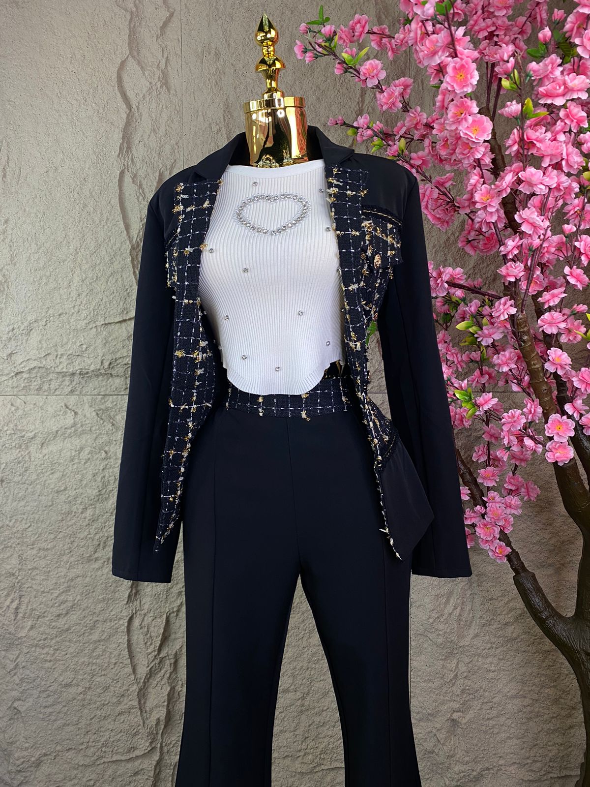 CONJUNTO PANTALON/SACO CON CUADROS NEGRO