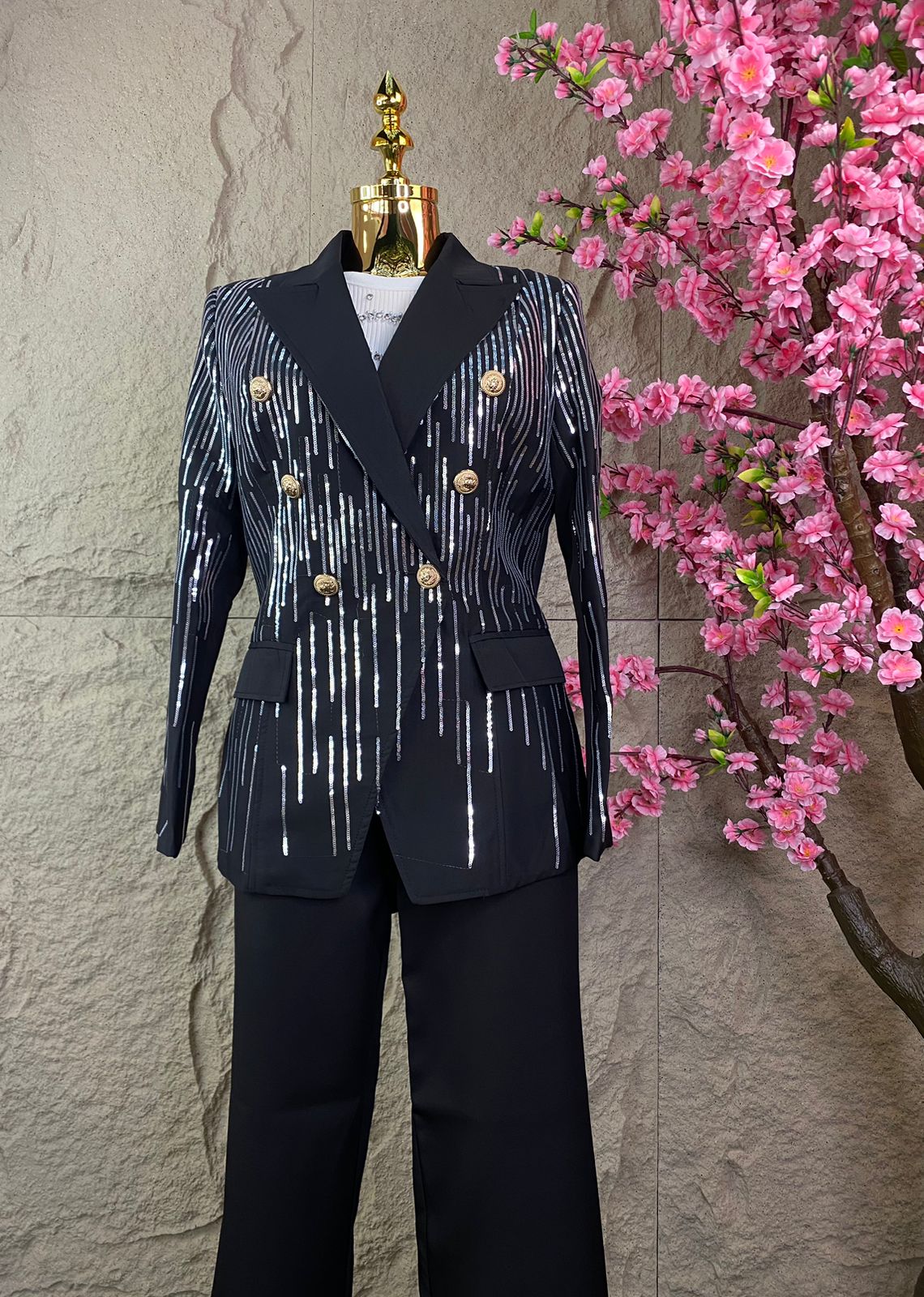 CONJUNTO PANTALON/SACO LENTEJUELA NEGRO