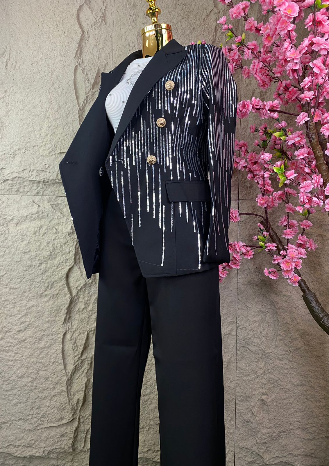 CONJUNTO PANTALON/SACO LENTEJUELA NEGRO
