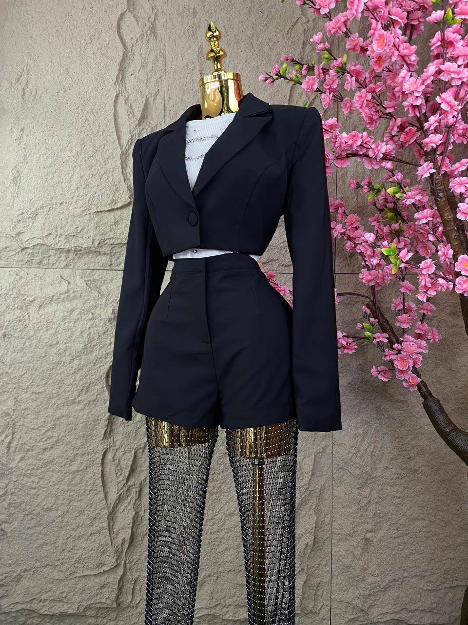 CONJUNTO SACO CORTO/PANT GLITTER NEGRO