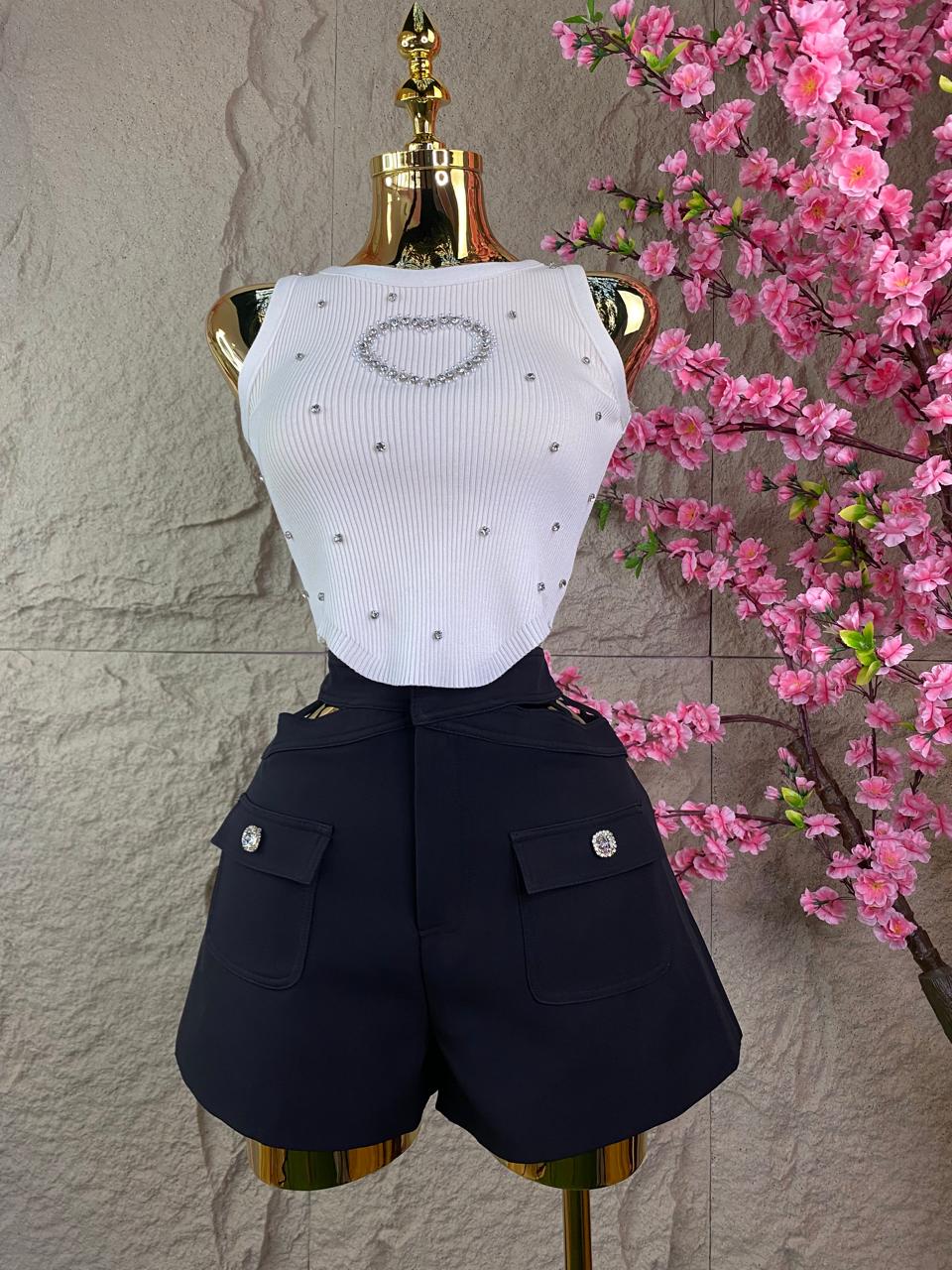 CONJUNTO SHORT/SACO CORTO CON APPS BRILLANTES NEGRO