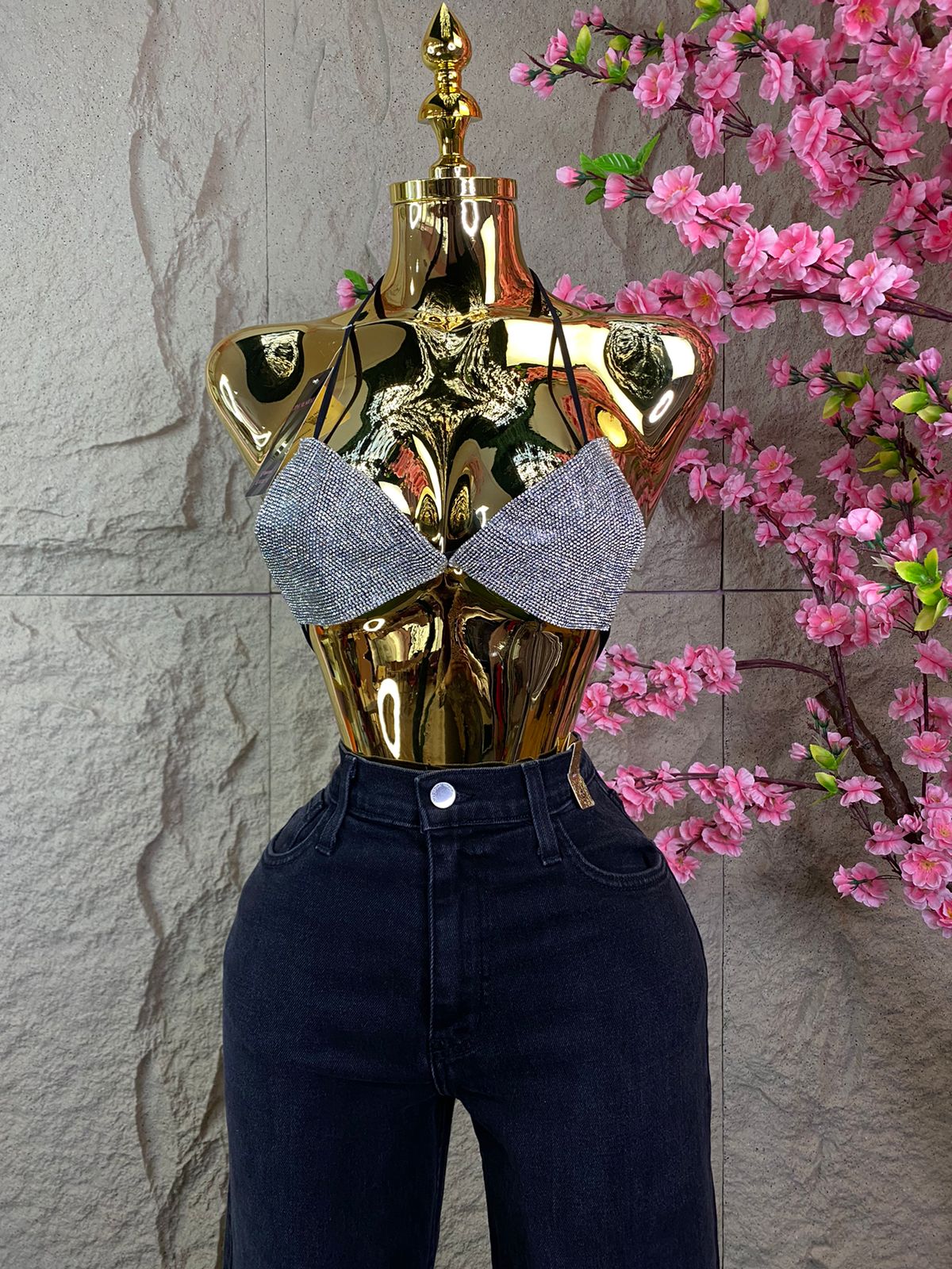 TOP DE TIRITAS BRILLOS NEGRO