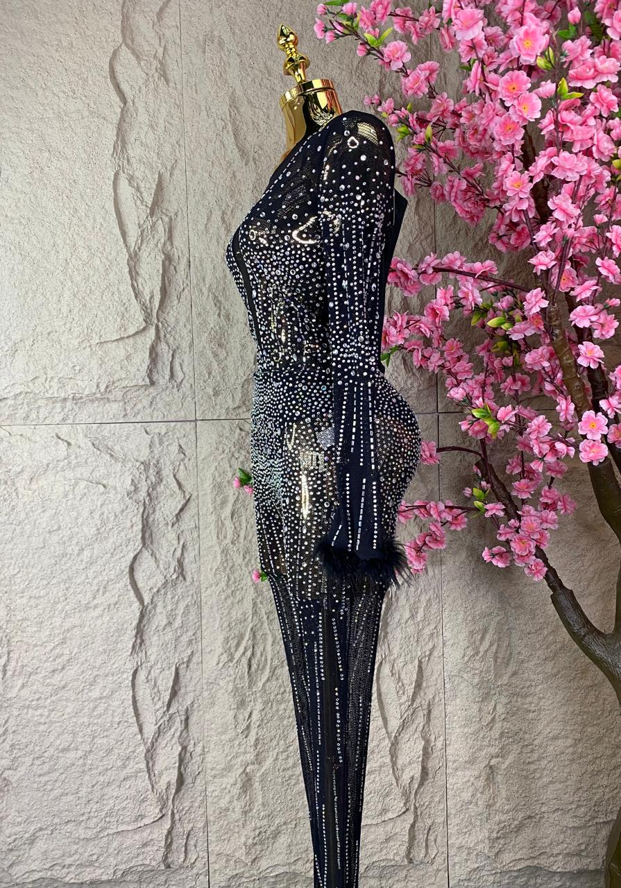 JUMPSUIT CON BRILLOS Y PLUMAS NEGRO