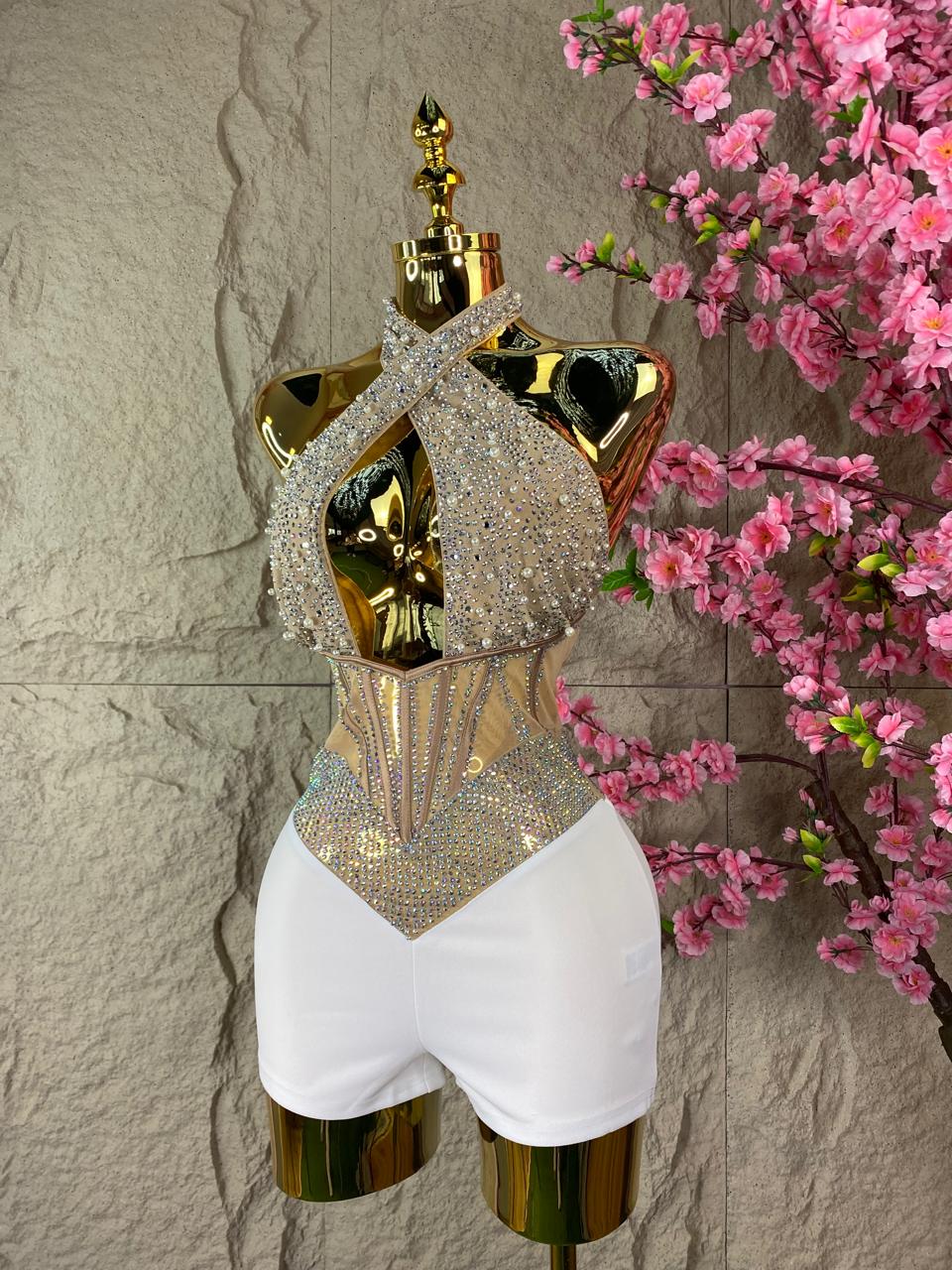 JUMPSUIT CORTO HOLTER CON PERLAS Y BRILLOS BICOLOR