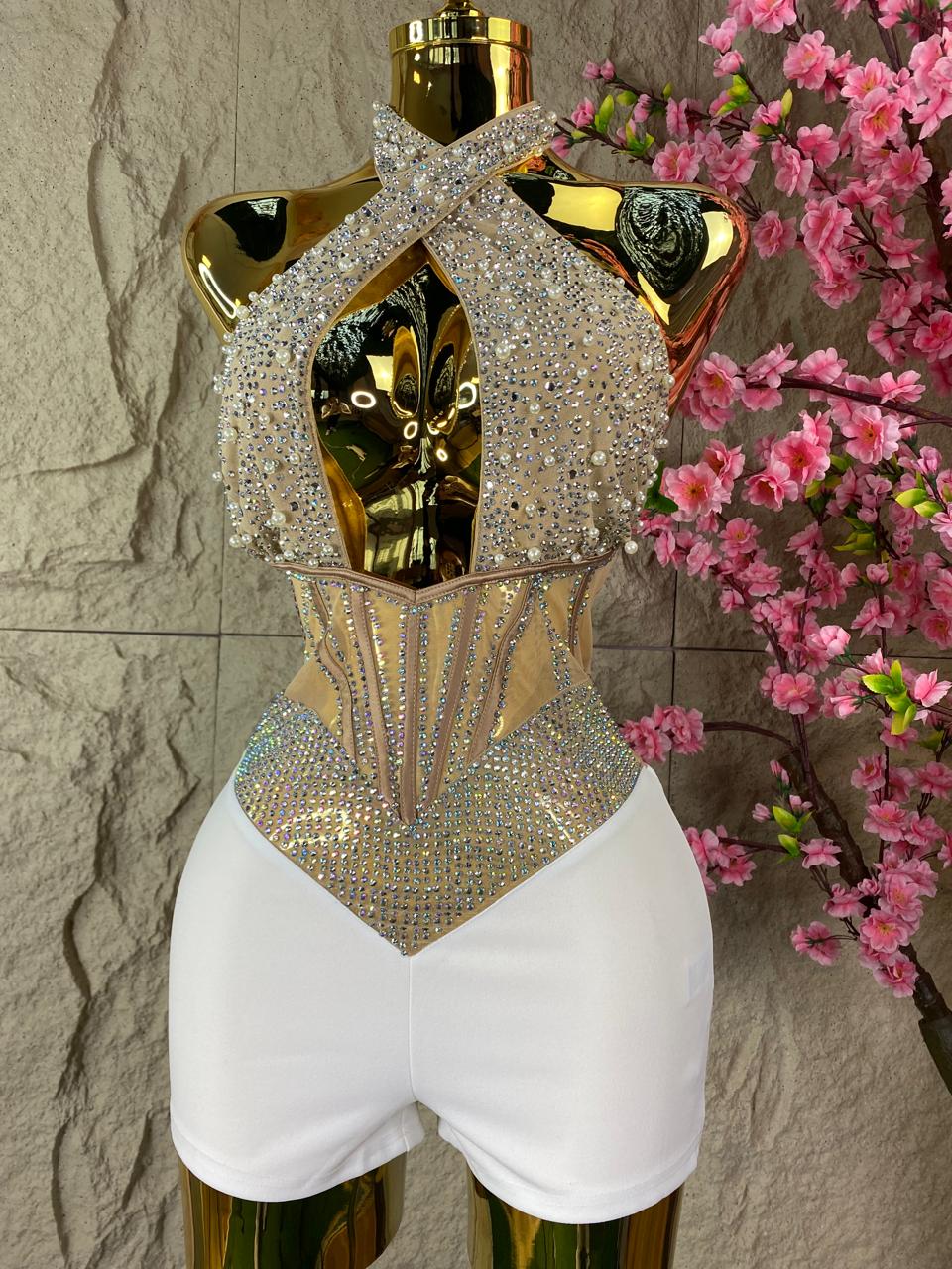 JUMPSUIT CORTO HOLTER CON PERLAS Y BRILLOS BICOLOR