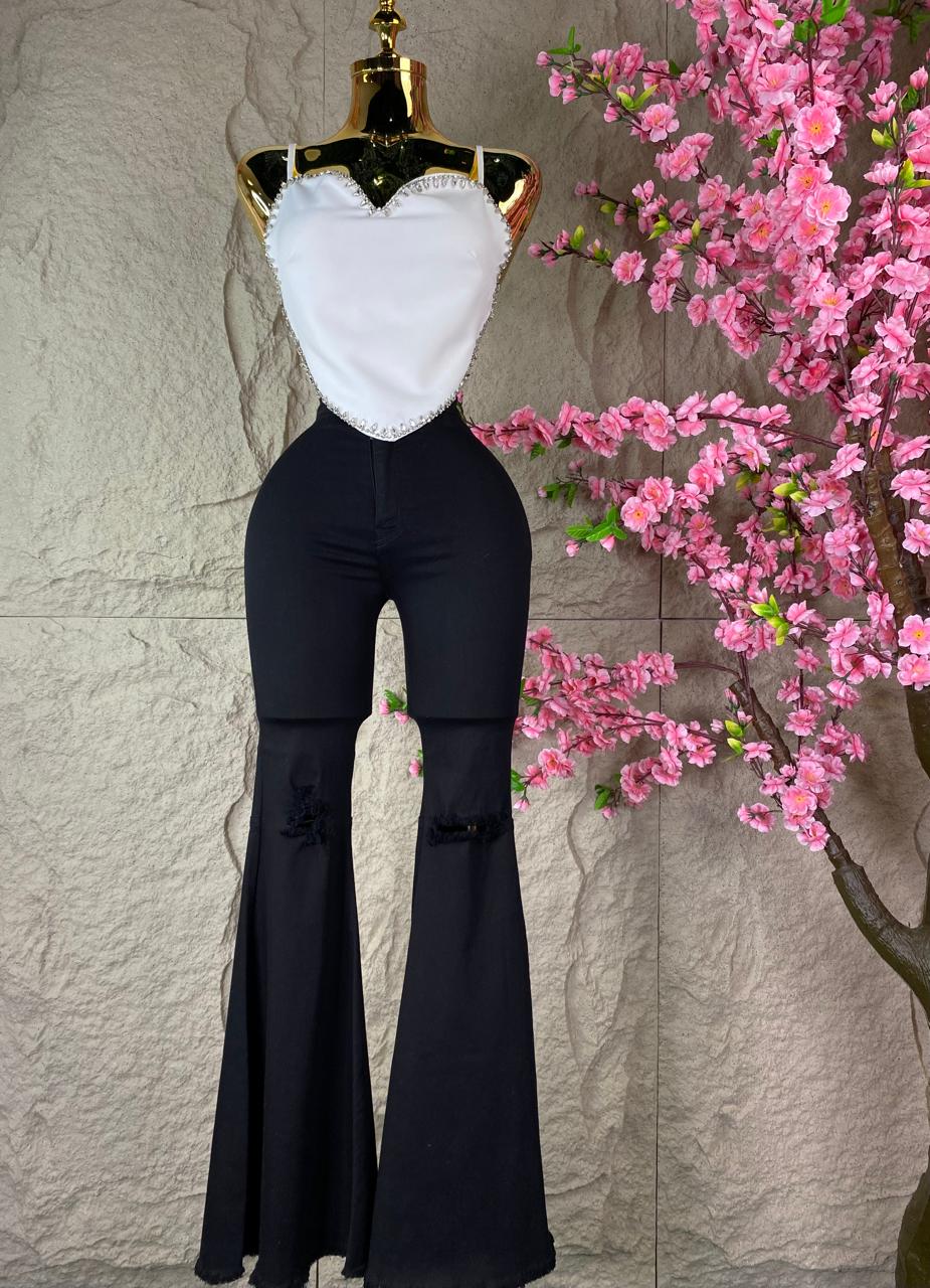 PANTALON CAMPANA DESGARRE RODILLA MEZCLILLA NEGRO