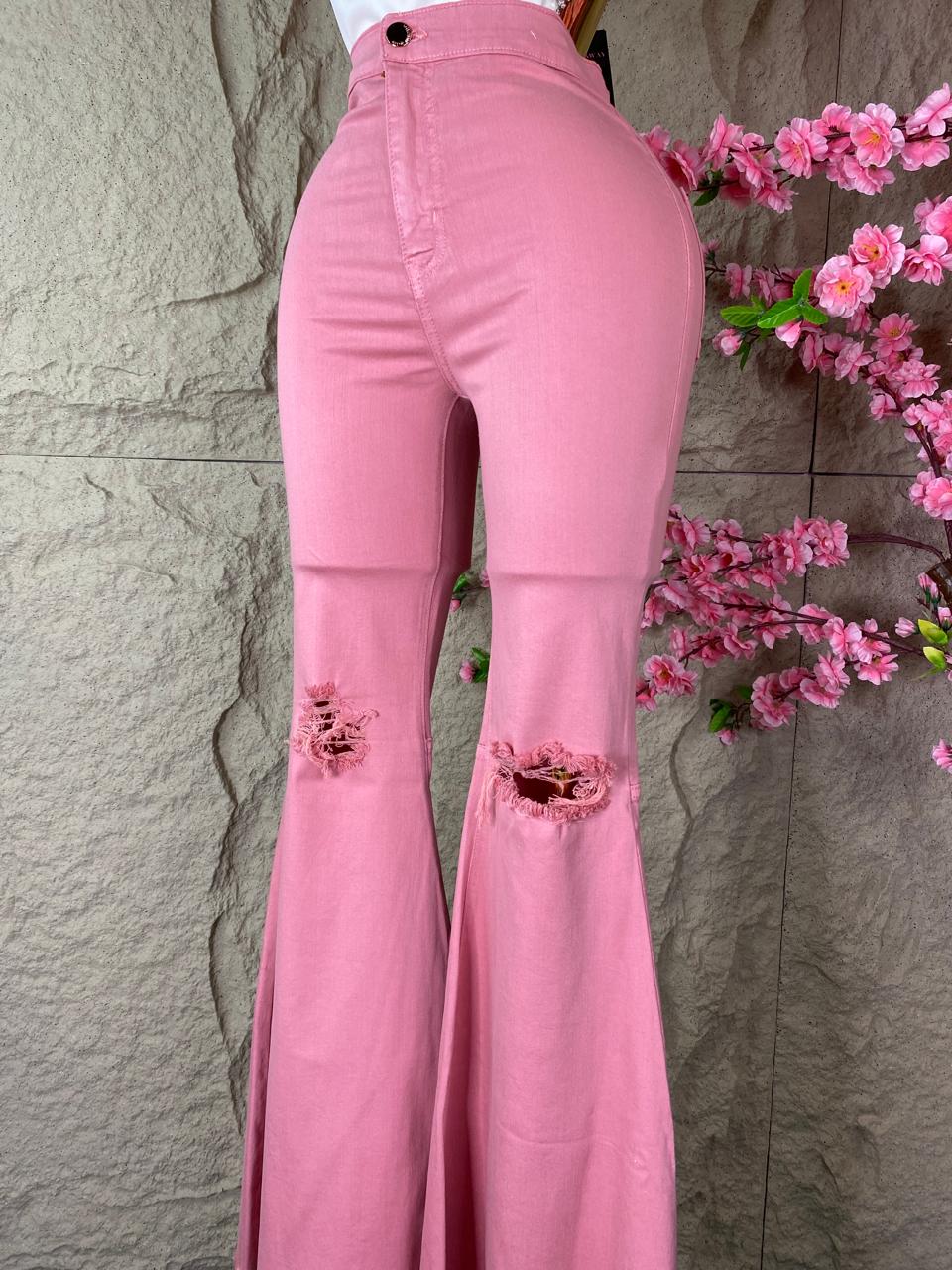 PANTALON CAMPANA DESGARRE MEZCLILLA ROSA